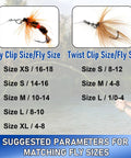 Size chart for Stainless Steel Quick Change Fly Fishing Snaps 150 Piece Box 5 Sizes No Knot Clip Quick Snap