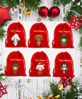 Six Pack Premium Holiday Gift Bags 20x30cm Bulk Set for Christmas with Red Fabric and Cartoon Designs on Rustic Board