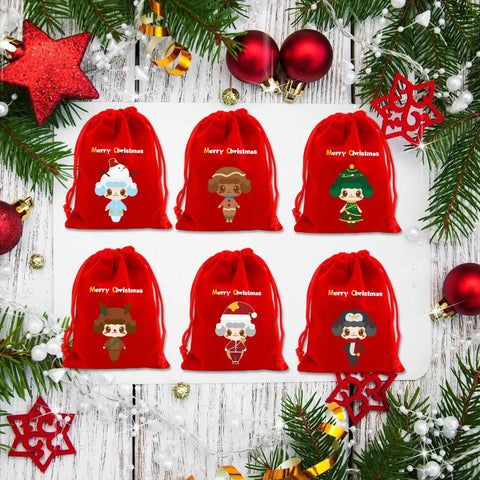 Six Pack Premium Holiday Gift Bags 20x30cm Bulk Set for Christmas with Red Fabric and Cartoon Designs on Rustic Board