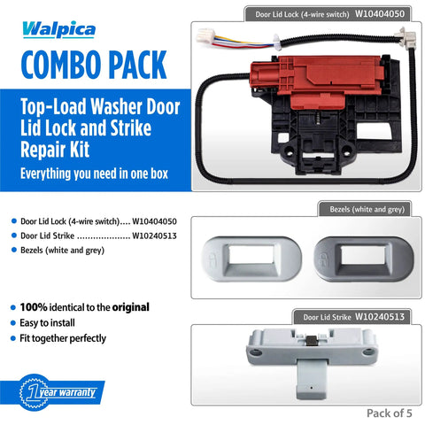 Top Load Washer Lid Lock Replacement Kit Fits Maytag Centennial Kenmore Whirlpool Cabrio Includes 4 Wire Switch Door Strike Bezels