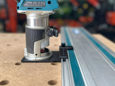 Killer Precision Router Guide Rail Adapter For Makita Tools With Onboard Rail Stop on wood surface for precise cuts.