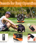 40,000mAh Rechargeable Battery Powered Oscillating Floor Fan With Remote in park, man playing with dog, remote in hand