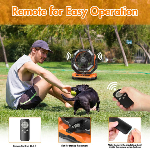 40,000mAh Rechargeable Battery Powered Oscillating Floor Fan With Remote in park, man playing with dog, remote in hand