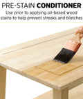 Smooth Pre Stain Wood Conditioner Goes On Silky Smooth And Knocks Out Blotches Dead On All Wood Types shown being applied with a brush.