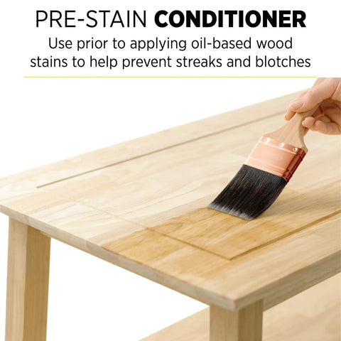 Smooth Pre Stain Wood Conditioner Goes On Silky Smooth And Knocks Out Blotches Dead On All Wood Types shown being applied with a brush.