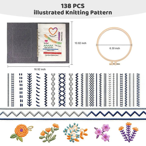 Beginner's Embroidery Stitch Book Kit With 138 Patterns, Portable Loose Leaf Practice Pages, Embroidery Hoop, 87 Tools, floral designs