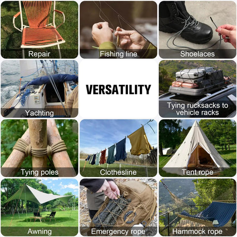 Heavy Duty 550 Lb Paracord 4Mm 7 Strand Core Rope Spool, 1000Ft, used in various outdoor and survival situations like clothesline, awning