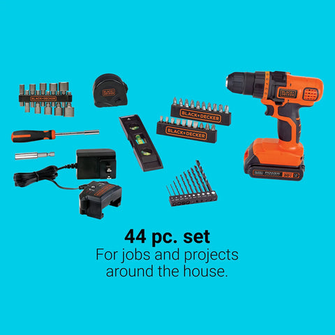 20V Cordless Drill Driver Kit With 11-Position Clutch And 44-Piece Home Project Set shown with accessories