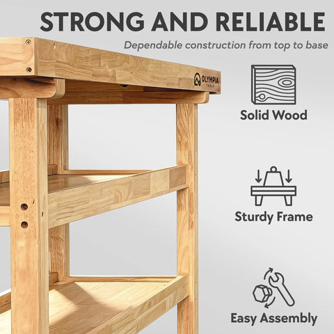 Beefy Rubberwood 60 Inch Workbench With Two Storage Shelves, solid wood design, sturdy frame showcasing durability features