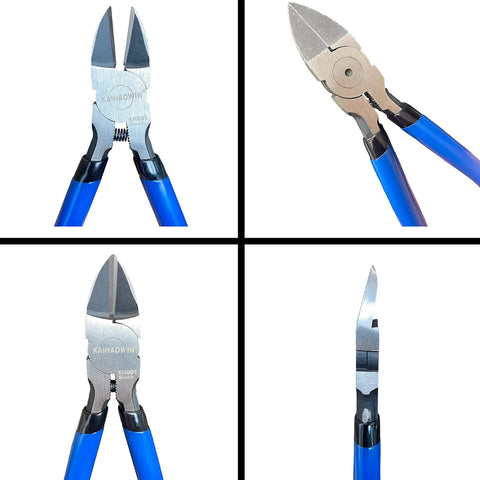6.5 Inch Flush Cutters Two Pack Pro Grade Ultra Sharp Spring Loaded Diagonal Side Cutters For Jewelry Making And Crafting, Small Blue Tool Set in four angles.