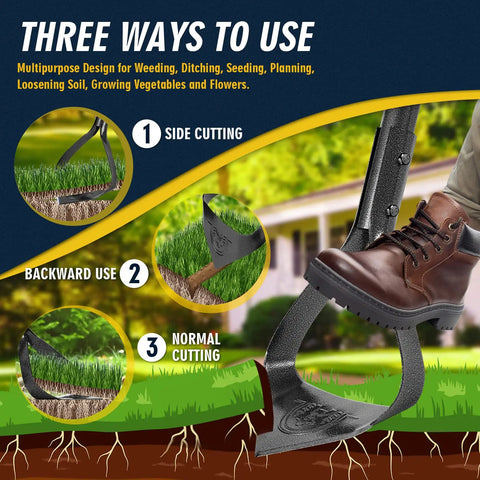 Diagram showing three ways to use Workhorse Triangle Garden Hoe With Long Adjustable Handle 38.8 To 52.7 Inches Carbon Steel Weeder Cultivator