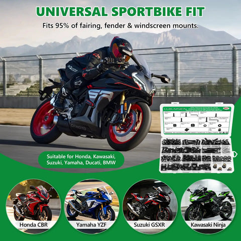 Premium 304 Stainless Steel Black Motorcycle Fairing Bolt Kit M5 And M6 Hex Head Fasteners on sportbike in motion.