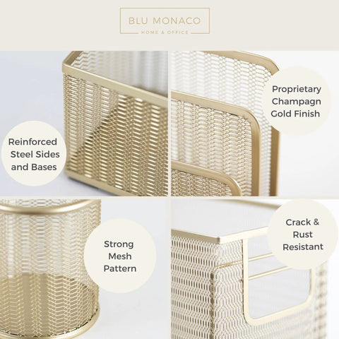 Gold Desk File Folder Organizer Set With Hanging File Holder Letter Size Tray Magazine File Organizer Pen Cup Sticky Note Holder And Sorter For A Tidy Desktop Office showing reinforced steel and champagne gold finish.