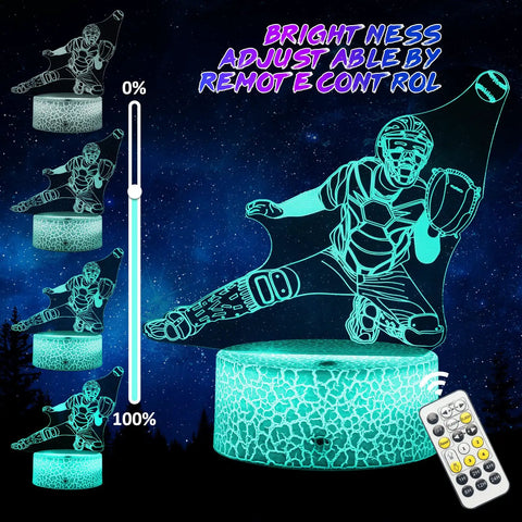 Baseball 3D Illusion Night Light With Remote Timer 7 Color Changing LED Baseball Lamp featuring catcher design and brightness control.