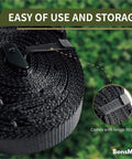 Camping Gear Storage Strap Organizer With Cam Buckles And 15 Loops 10 Aluminum Carabiners For Hanging Tents And Gear In RVs Backyards Or Garages Heavy Duty 500 Lb Load 11 Feet Black neatly rolled with Velcro strap