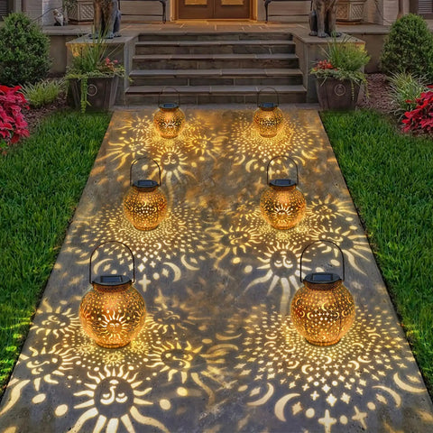Two Pack Solar Lanterns Outdoor Waterproof Bronze Moon Star Sun Design Lights For Balcony And Yard Creates Cozy Romantic Vibes