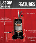 Internal view of submersible water pump, model RL-SC50V, showing features like cast iron housing and clog-resistant design.