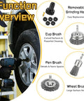 Garage Ready Wheel Hub Cleaning Kit With Carbon Steel Wire Brushes And Five Heavy Duty Abrasive Pads For Knocking Out Gnarly Rust And Freshening Brake Rotors Fast showing various brush attachments for cleaning wheels.
