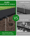 Comparison of J-shape metal staple for 33 Foot Plastic Landscape Edging Border Kit With 4 Inch High Panels 45 Ground Stakes And Hammer Included No Fuss Easy Install For Gardens Flower Beds And Yard Landscaping, showing stability versus L shape and nylon spike.