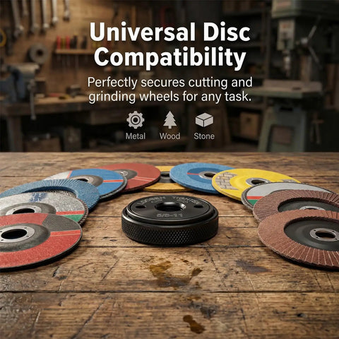 Self-Locking Knurled Arbor Nut Set for 4.5 and 5 Inch Angle Grinders, 5/8-11 Thread Spindle displayed with discs