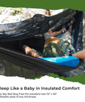 Person relaxing in Bug Free Sky Bed Camping Hammock Tent With Flat Lay Sleep outdoors, showing asymmetrical design and pad sleeve.
