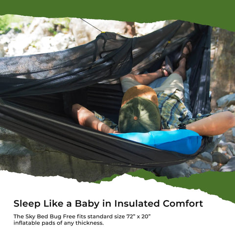 Person relaxing in Bug Free Sky Bed Camping Hammock Tent With Flat Lay Sleep outdoors, showing asymmetrical design and pad sleeve.