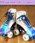 Quad skates with rainbow 2 Piece Roller Skate Toe Guards Set, artificial leather protectors in rainbow pattern on wooden floor.