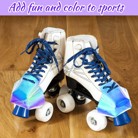 Quad skates with rainbow 2 Piece Roller Skate Toe Guards Set, artificial leather protectors in rainbow pattern on wooden floor.