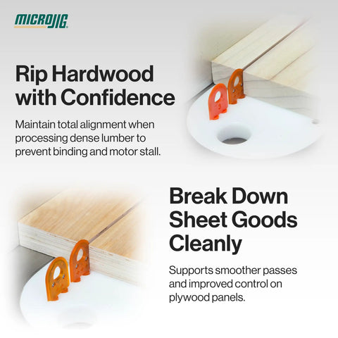 Killer Table Saw Splitter Safety Rig For Thin Kerf Blades And Zero Clearance Inserts With Slick Kickback Reduction Kit, showing alignment for hardwood cutting.