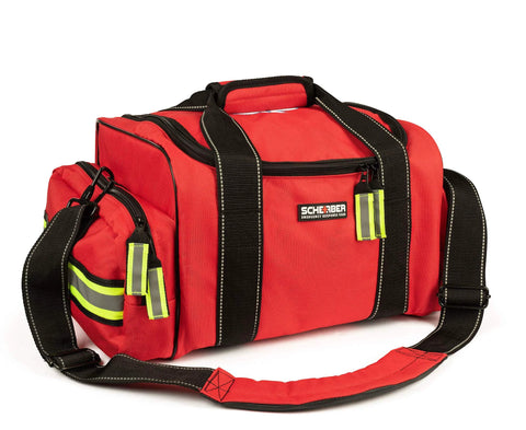 Front view of a red Scherber EMT/EMS trauma medical bag with black handles and adjustable shoulder strap, reflective strips