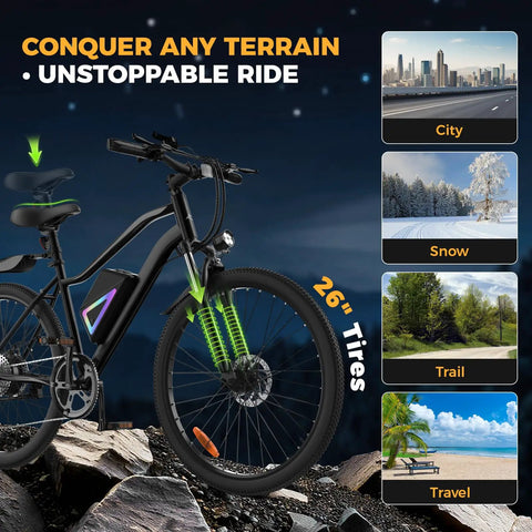 Electric Bike For Adults And Teens Foldable 14 Inch Commuter Ebike And 26 Inch Mountain Bike With 1000W Peak Motor on rocky terrain