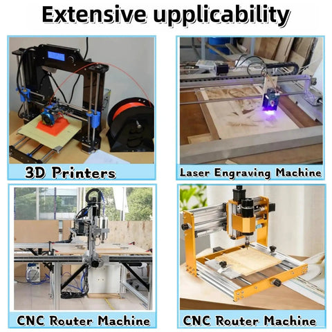 Four images showing various machines: 3D printer, laser engraving machine, and CNC router machines with extensive applicability.