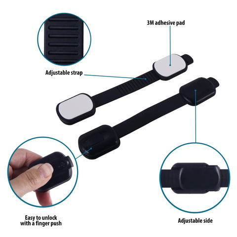 Six Pack Kid Safe Cabinet Locks With Tough 3M Adhesive No Drill Baby Proofing Latches featuring black adjustable straps