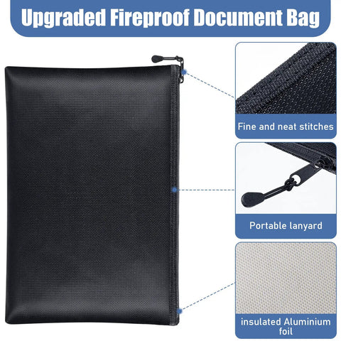 4 Pack Fireproof Document Bags Waterproof Safe Storage Pouches With Zipper for A4 Documents Money Passport and Tablet, black
