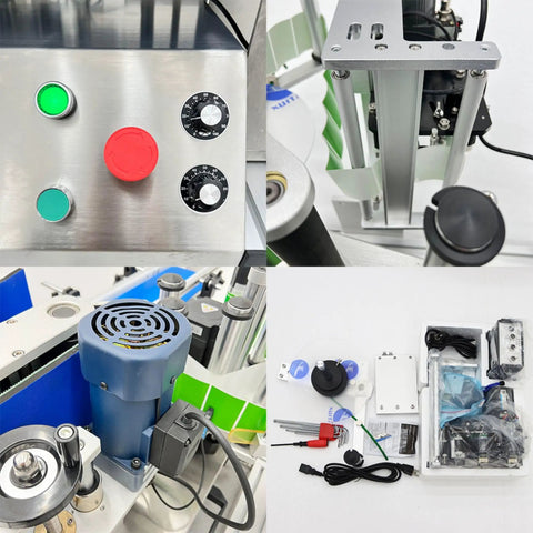 Control panel and components of Automatic Desktop Round Bottle Labeler Plug And Play Conveyor Applicator for beverages.