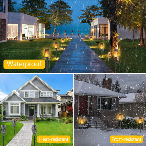 12 Pack Solar Torch Lights With Realistic Flickering Flame, 12 LEDs, IP65 Waterproof Tiki Torches in various weather conditions