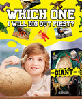 Child excitedly holding a Jumbo Dino Egg Dig Kit With 12 Surprising Dino Toys Hands On STEM Adventure For Kids Aged 5 To 7 Includes Chisels Hammers And Brushes Perfect Party Or Easter Gift For Curious Little Explorers.