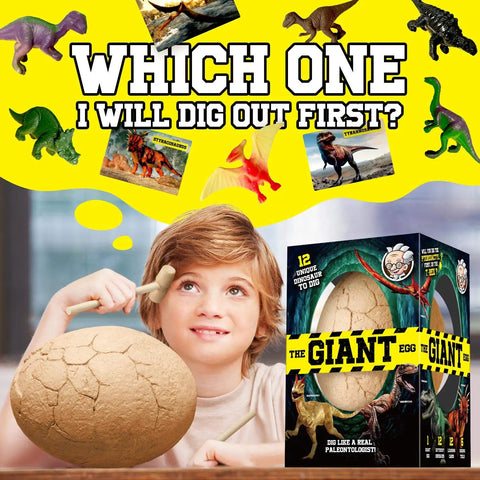 Child excitedly holding a Jumbo Dino Egg Dig Kit With 12 Surprising Dino Toys Hands On STEM Adventure For Kids Aged 5 To 7 Includes Chisels Hammers And Brushes Perfect Party Or Easter Gift For Curious Little Explorers.