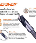 Close-up of Stubby HSS Brad Point Drill Bit with 1/4 inch hex shank highlighting features for carpentry use.