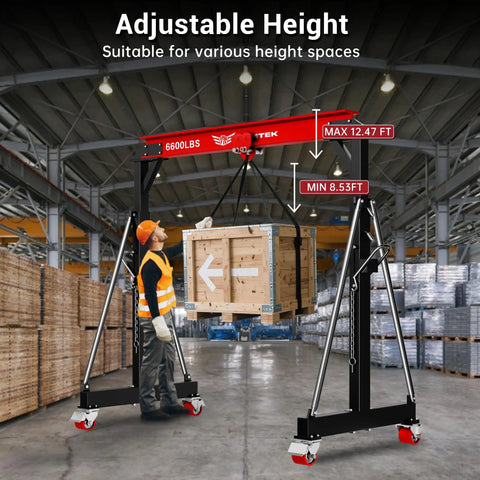 Heavy Duty 3 Ton Gantry Crane With Upgraded 2026 Trolley, Adjustable Height 8.53 To 12.47 Ft, red, in warehouse setting