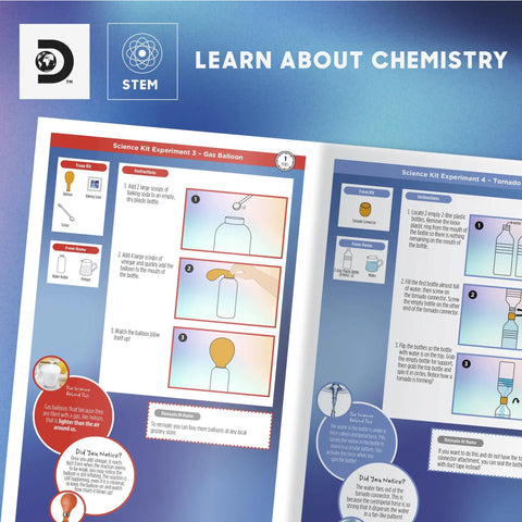66 Action Packed Science Experiments STEM Lab For Kids manual showing chemistry experiments on a colorful page