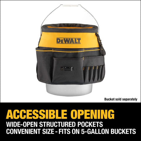 Pro Grade Tool Organizer With 37 Pockets And TOUGHCASE Pocket, built from durable 1680 denier fabric, on a 5-gallon bucket.