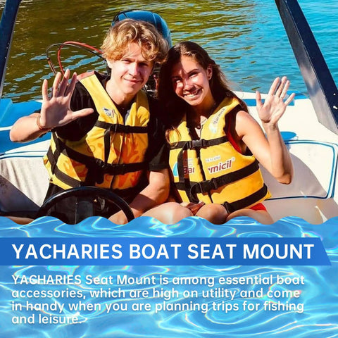 Two people in boat with Yacharies Boat Seat Mount, wearing life jackets, enjoying a ride on a fishing boat.