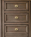 Close-up of Ten Pack Of 1-3/8 Inch Brushed Brass Cabinet Knobs Built Hella Sturdy With Zinc Alloy And Copper Finish on wooden drawers.