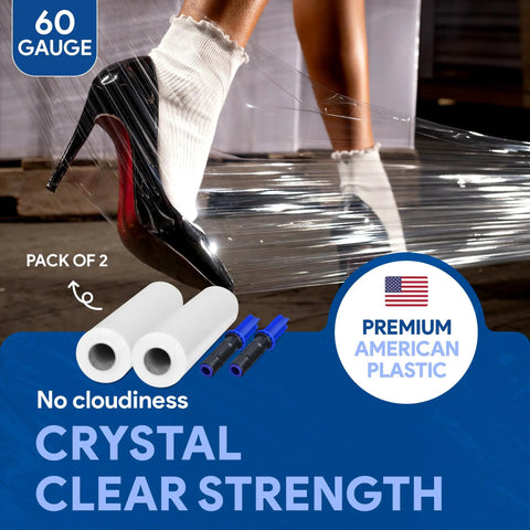 Two Pack 15 Inch Stretch Film With Extended Tension Handles 1200 Feet Each Five Hundred Percent Stretch Clear Cling Plastic Wrap For Packing And Moving Pallets Heavy Duty Durable And Easy To Use No Fuss Wrap For Moving Day with high heels in background demonstrating use.