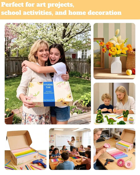 Collage of 1000-Piece Pipe Cleaner Flower Kit used in art projects, school activities, and home decor with kids and adults crafting.