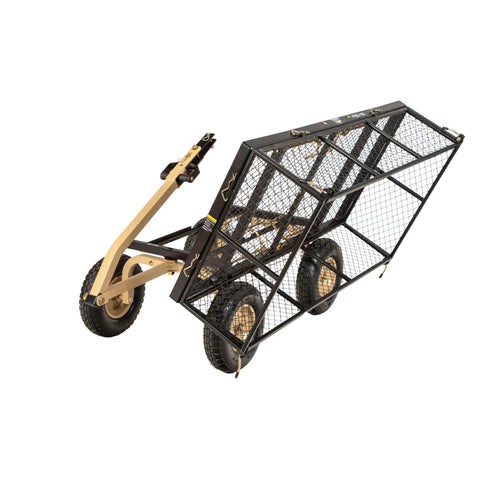 Beefy Heavy Duty Utility Garden Cart Wagon With Dual Side Dump, 1000 Lb Capacity, steel mesh flatbed angled view.