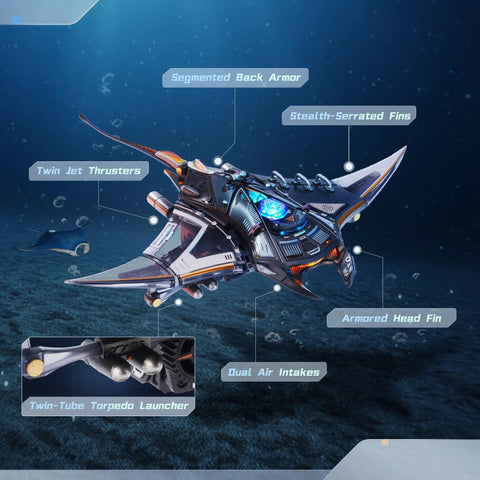 Futuristic Manta Ray 3D Metal Model Puzzle for Adults and Teens, Mechanical STEM Build Kit With Biomimetic Fin underwater view