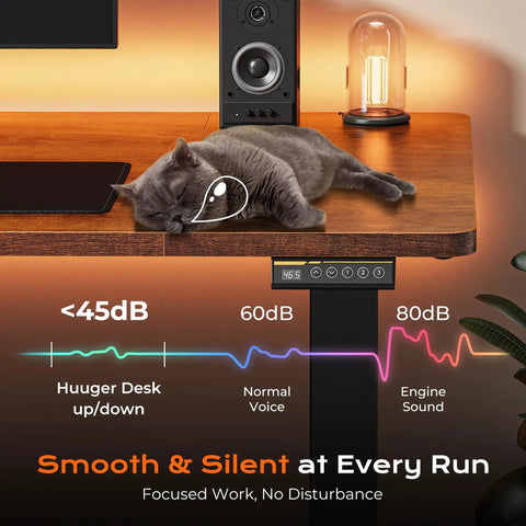 Wide 55 By 27.6 Inch Electric Standing Desk With Deep Desktop Height Adjustable Sit Stand Computer Desk For Home Office And Gaming Two Side Hooks Three Preset Heights Rustic Brown with sleeping cat.