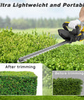 Cordless Hedge Trimmer With 20V Battery, 22 Inch Dual Action Blade trimming hedges, before and after result shown